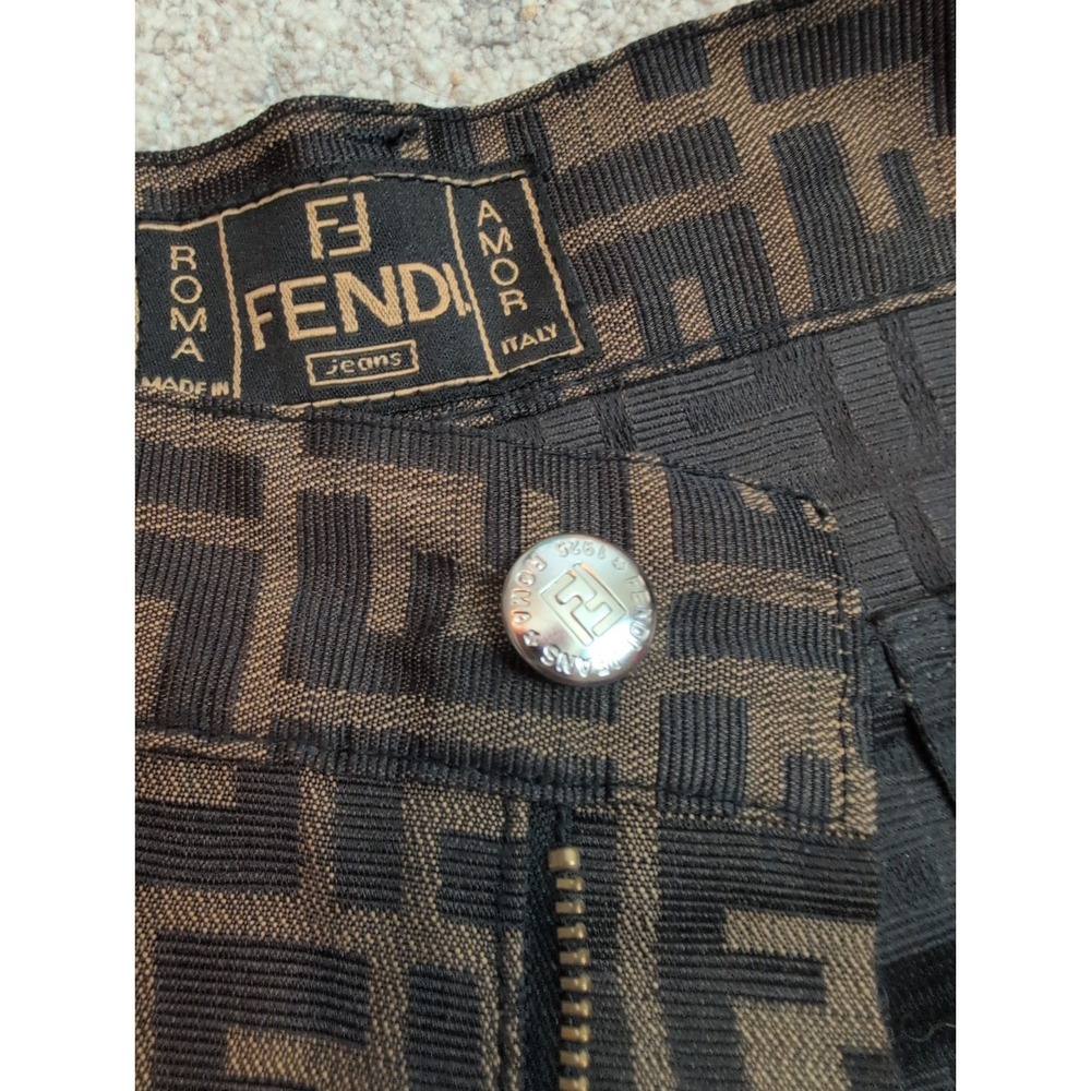 Fendi Women's Pants Logo Brown Luxury All Over Print Italy Tapered Size 26 - Picture 13 of 14